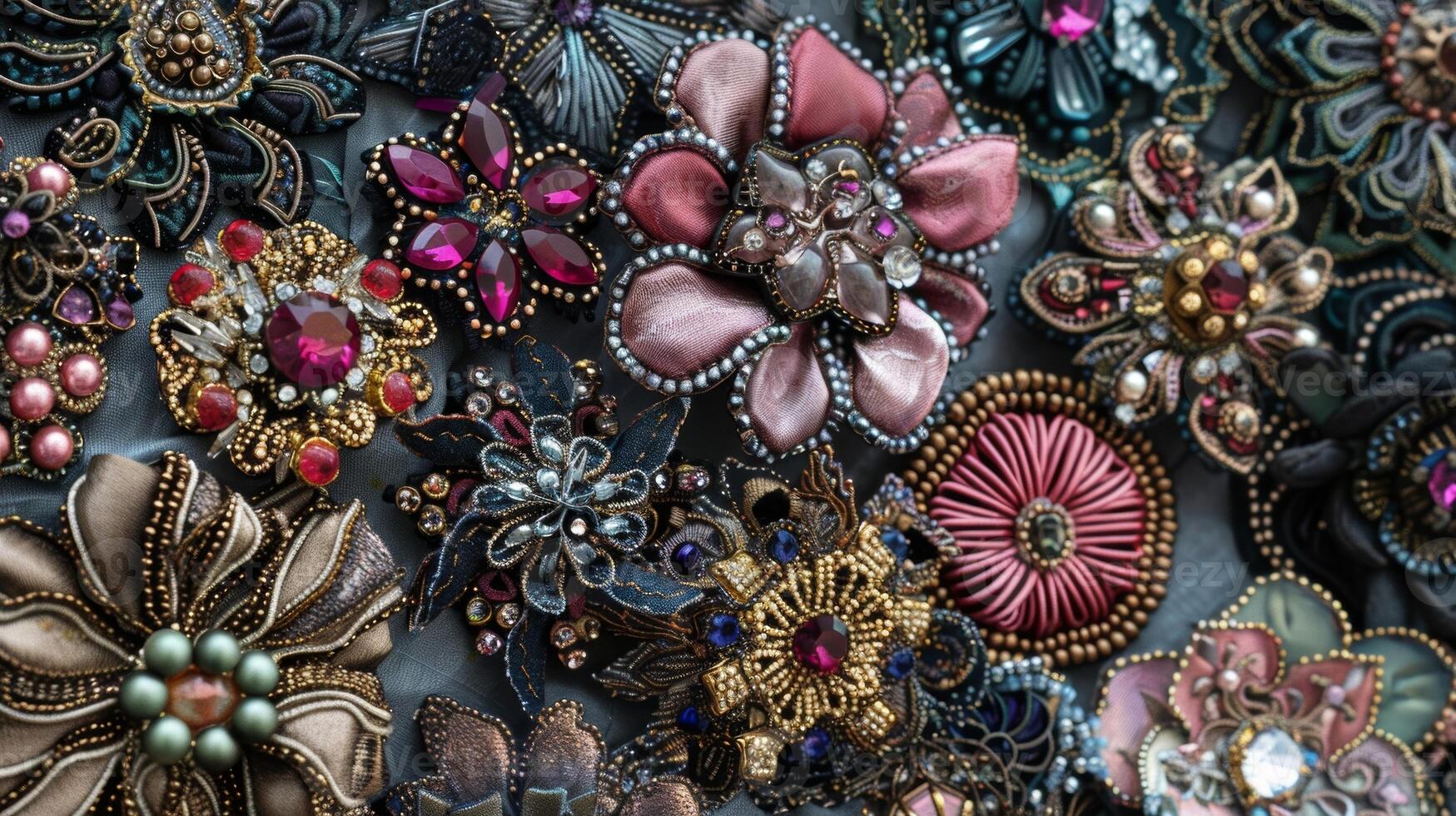 A collection of handcrafted brooches each one individually designed and made with a variety of materials such as crystals beads and fabric photo