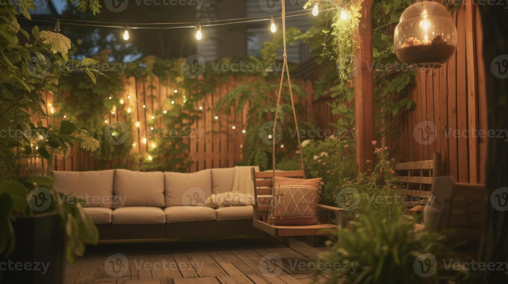 A revamped outdoor space with a vintagestyle porch swing retro patio furniture and string lights for a cozy and nostalgic atmosphere photo