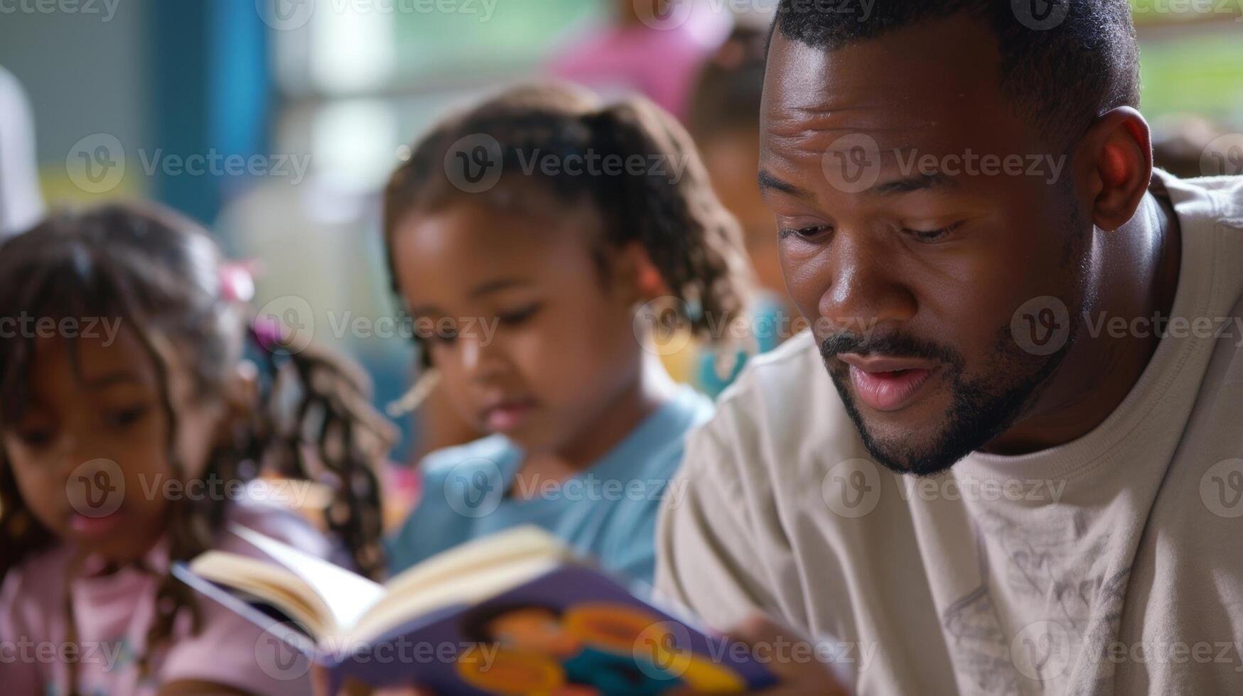 A man reading to a group of children at a community center as part of a literacy and mentoring program photo