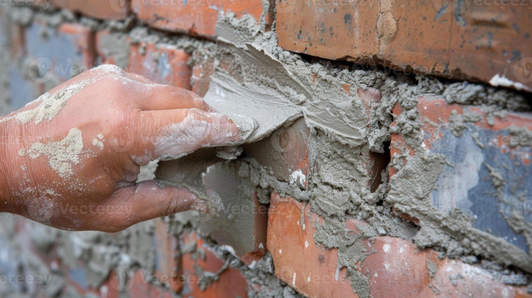 A steady hand smoothing mortar into the gaps between bricks ensuring a seamless finish photo