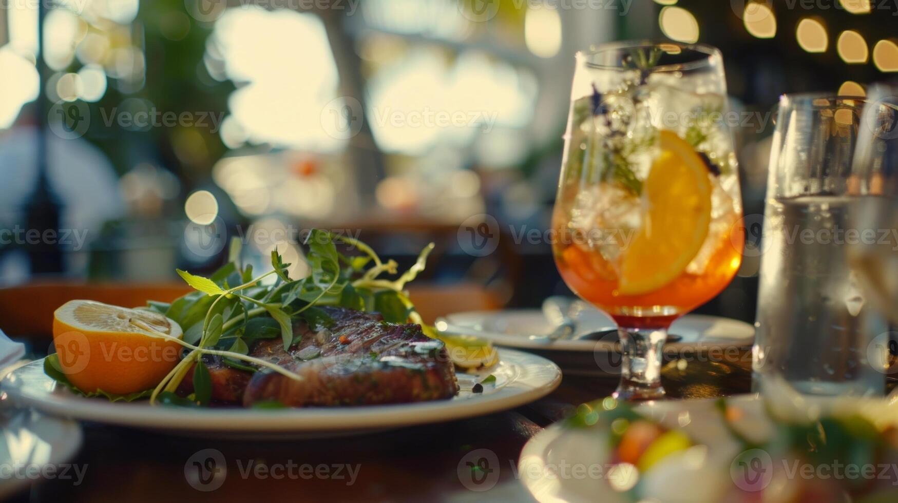 un romántico cena para dos a un francés pequeño restaurante con un Mocktail emparejamiento menú ese incluye un clásico agrios y hierba libación a acompañar el filete mignon y un refrescante Pepino un foto
