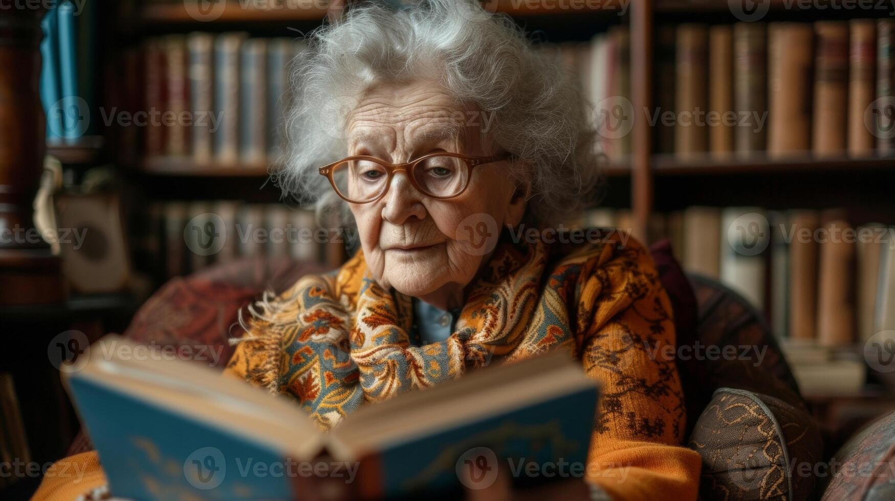 An elderly retiree happily escapes into the digital world of ebooks surrounded by a virtual library at their fingertips photo