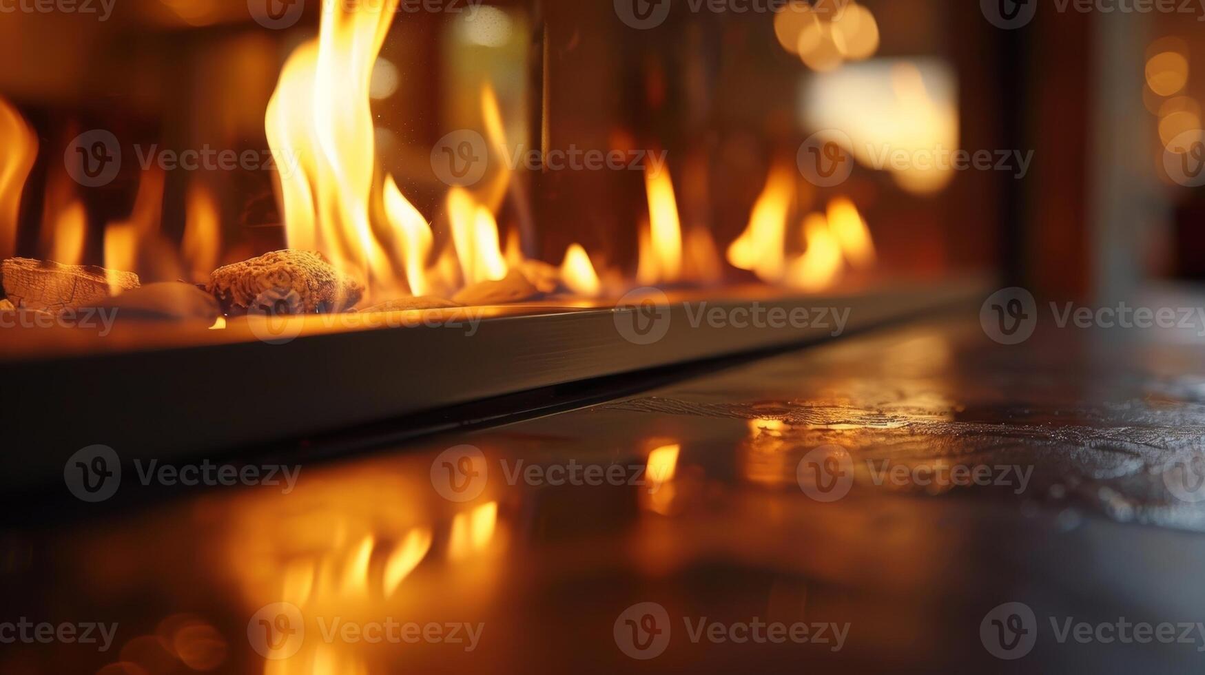 The warm glow of fire reflecting off the sleek black glass of the modern fireplace. 2d flat cartoon photo