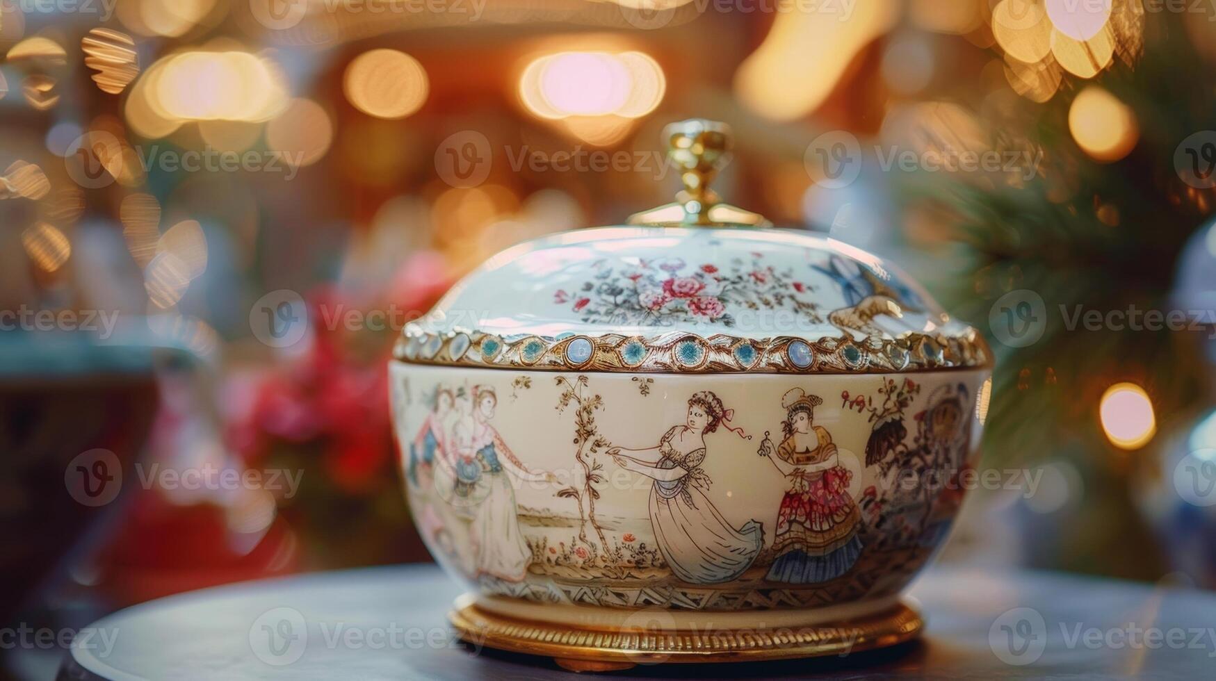 A beautifully engraved porcelain music box showcasing a whimsical scene of dancers in elaborate costumes. photo
