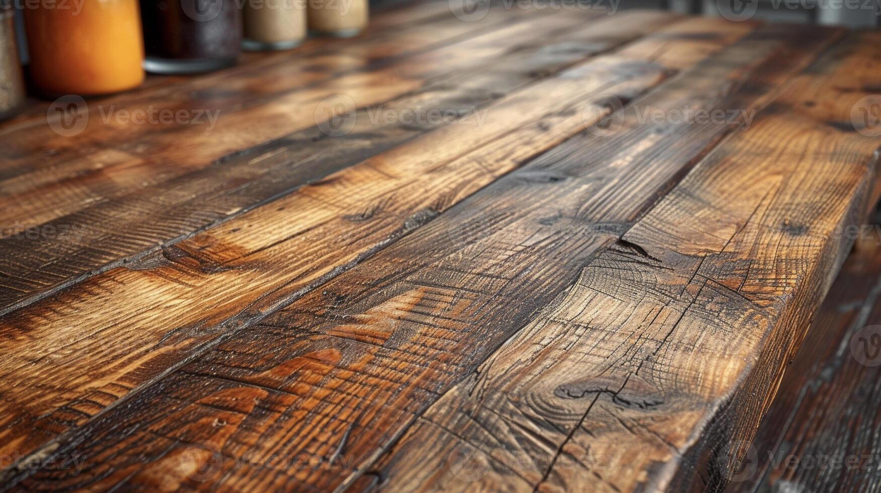 A zoomedin view of a reclaimed wood dining table showcasing its unique grains and markings that tell a story of its past life photo