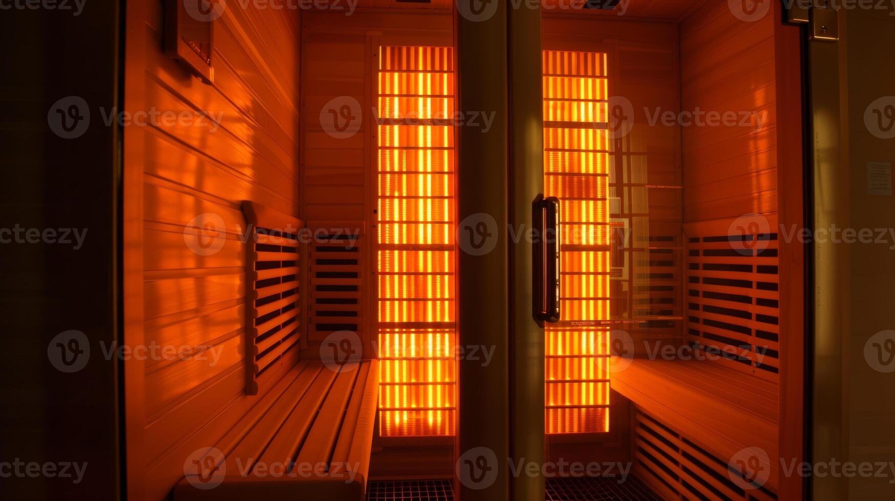 An infrared sauna with soft orange lights representing the relaxing atmosphere of a weight loss session. photo