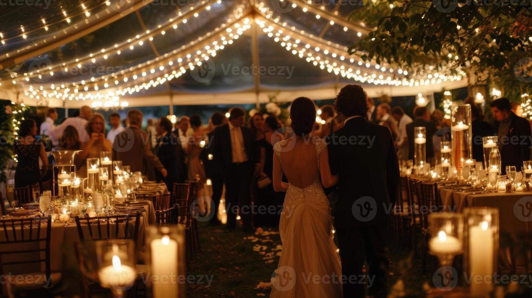 Soft music fills the air as guests enter the candlelit outdoor tent where the happy couple will share their first meal as husband and wife. 2d flat cartoon photo