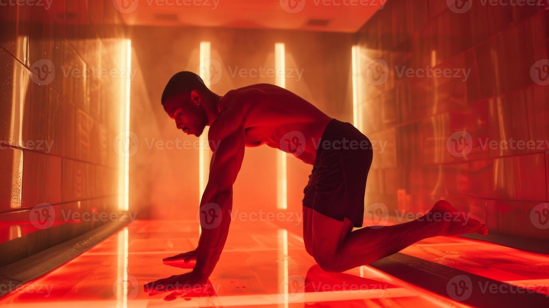 A yogi holds a side plank pose inside the infrared sauna their muscles working harder in the heat as they focus on building strength and endurance. photo