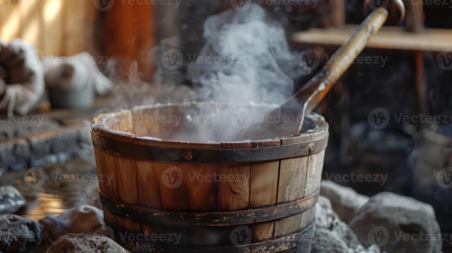 The wooden bucket and ladle used to pour water over the hot sauna rocks creating a burst of steam. photo