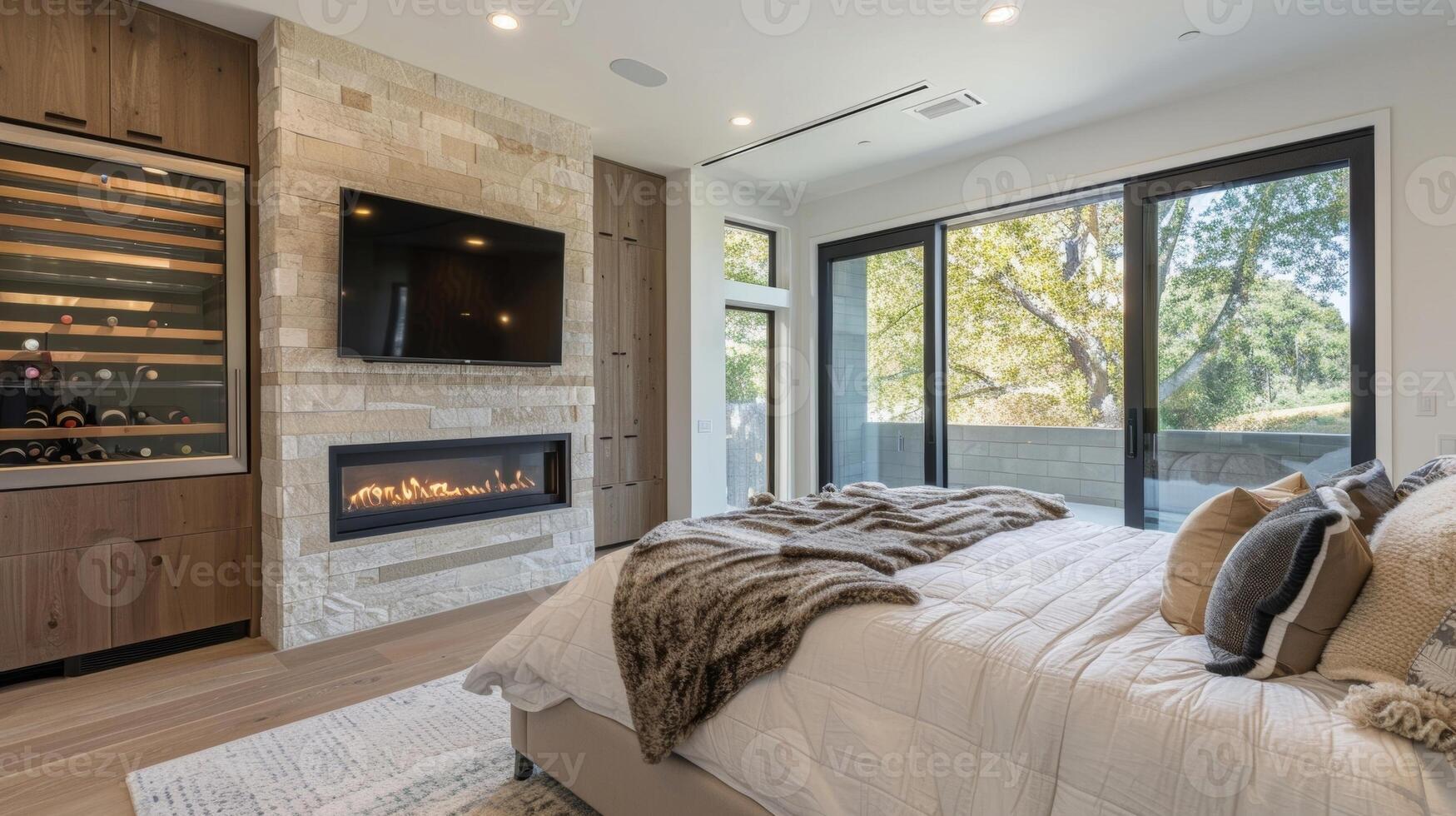 A stunning master bedroom features a contemporary fireplace with a builtin wine fridge perfect for romantic evenings in. The fridge is tucked into a nook beside the 2d flat cartoon photo