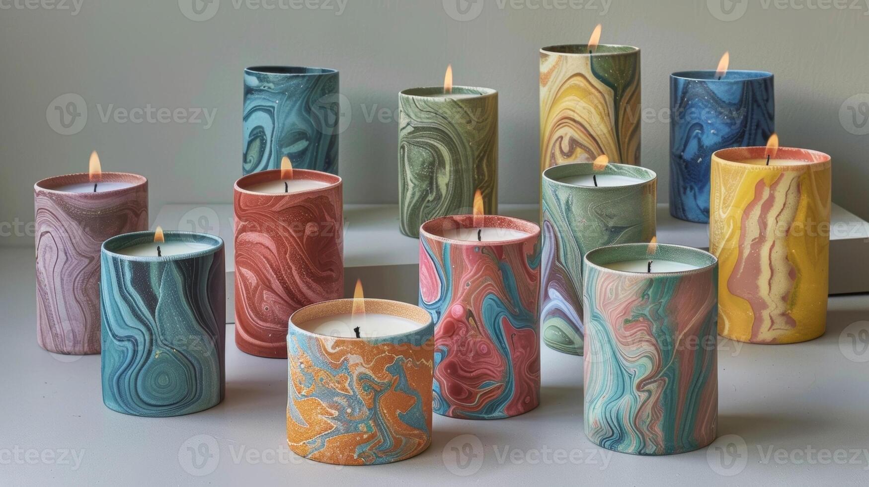 A set of marbled candles showcasing the natural beauty and versatility of mixing different colored clays. photo