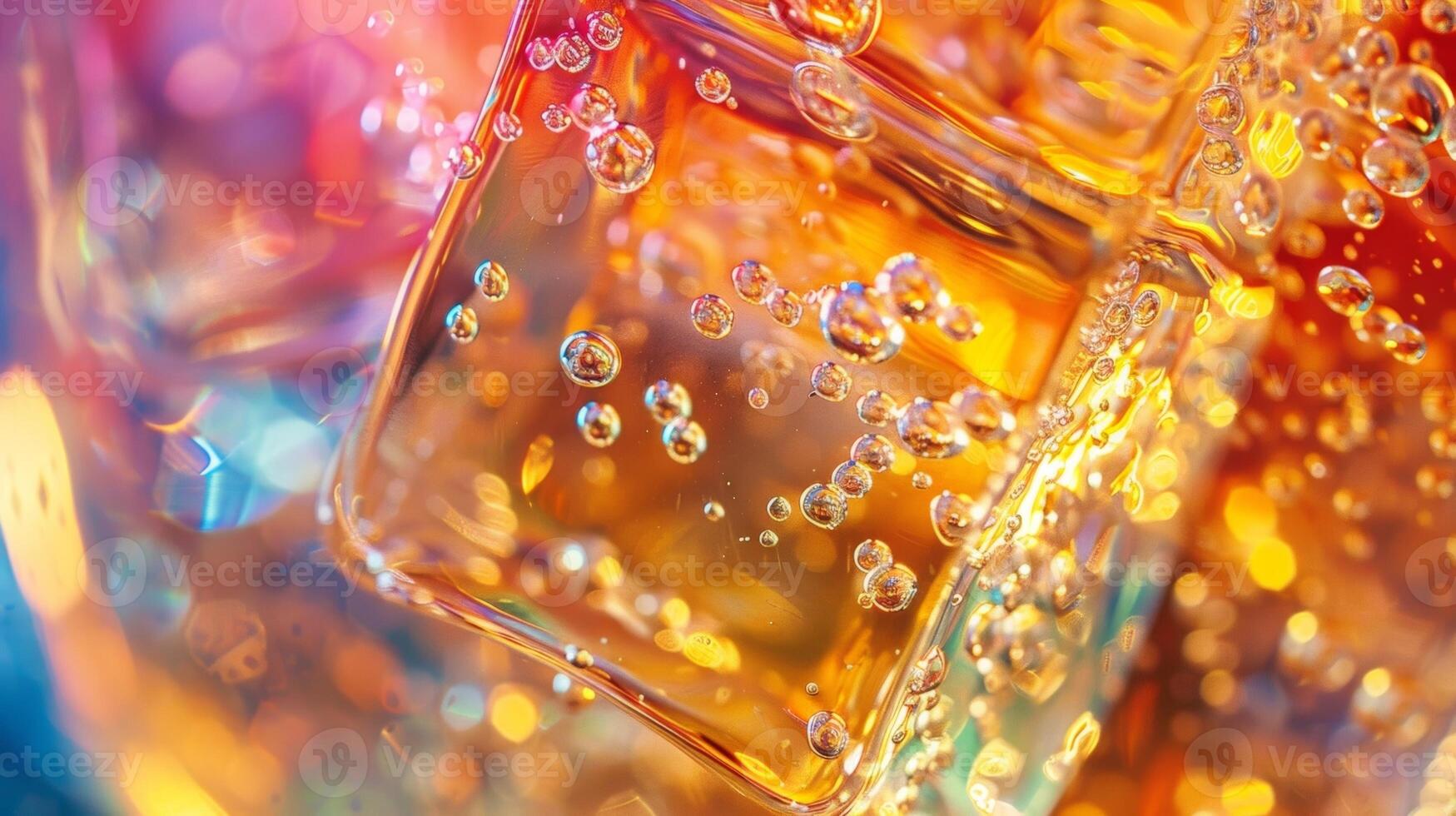 A closeup of a crystalclear ice cube in a fancy glass reflecting the light and showcasing the vibrant colors of the drink it surrounds photo