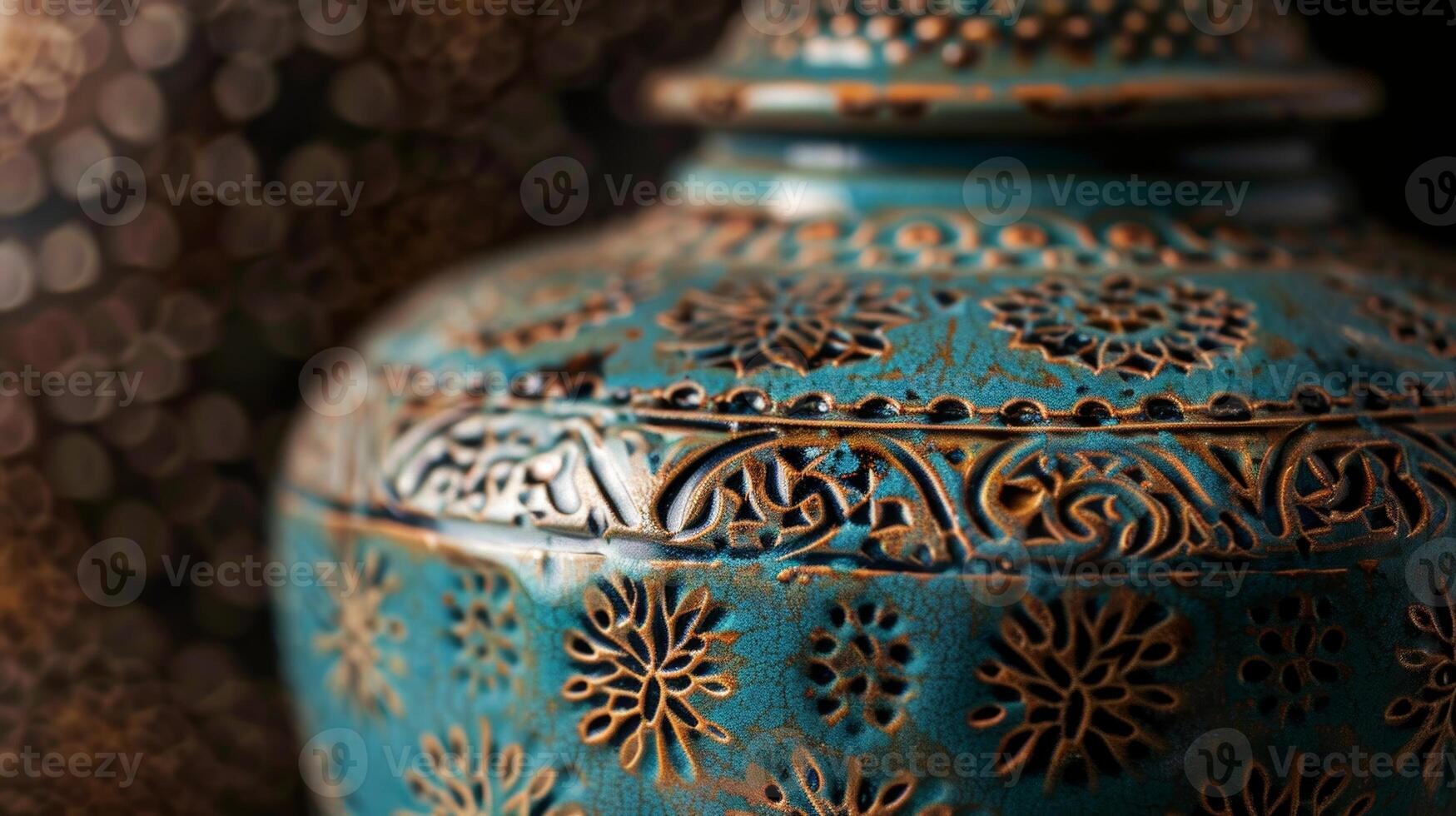 A decorative ceramic jar with a rich intricate pattern reminiscent of Middle Eastern textiles. photo