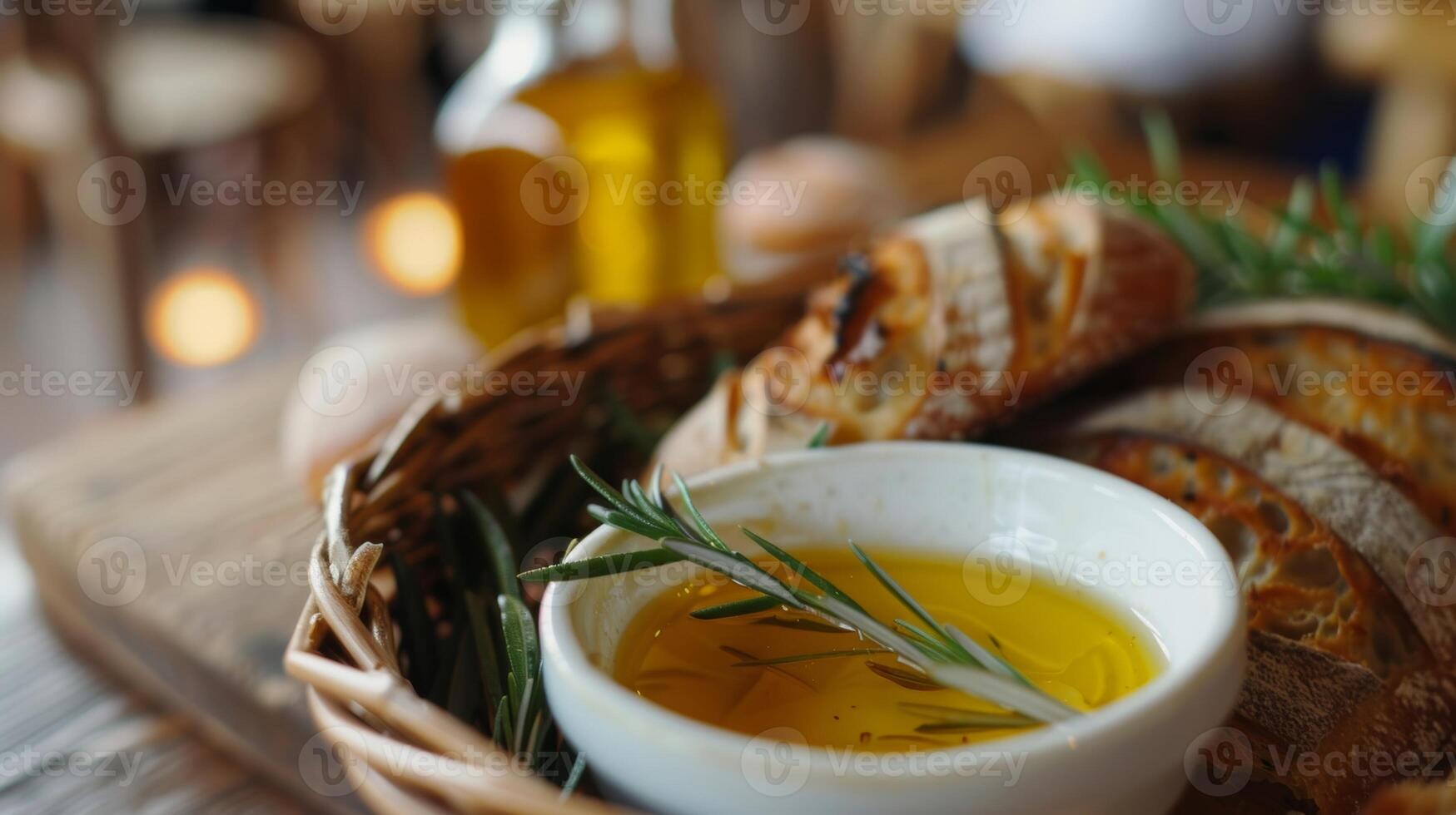 A basket of freshly baked bread and a bowl of fragrant olive oil ready to be enjoyed as a starter to the meal. 2d flat cartoon photo