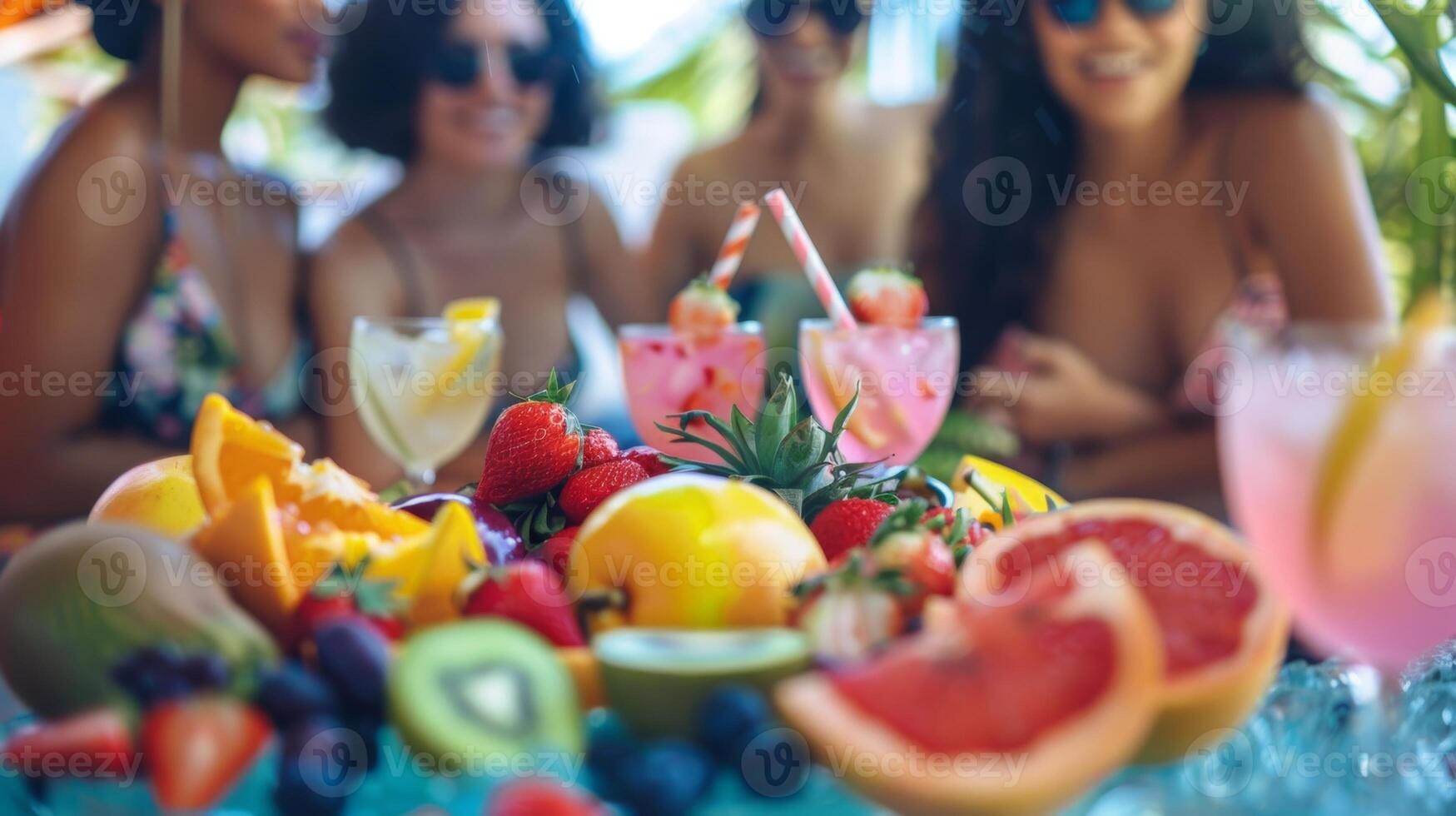 A group of ladies gathered around a table filled with colorful fruits and refreshing detox water enjoying a healthy and refreshing spa snack. photo