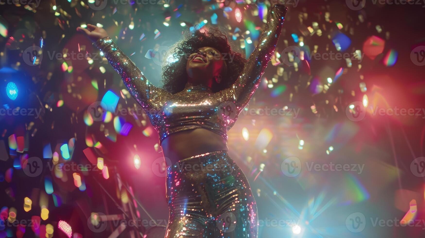 A woman wears a glittery top and sparkly leggings as she moves to the beat with her arms in the air photo