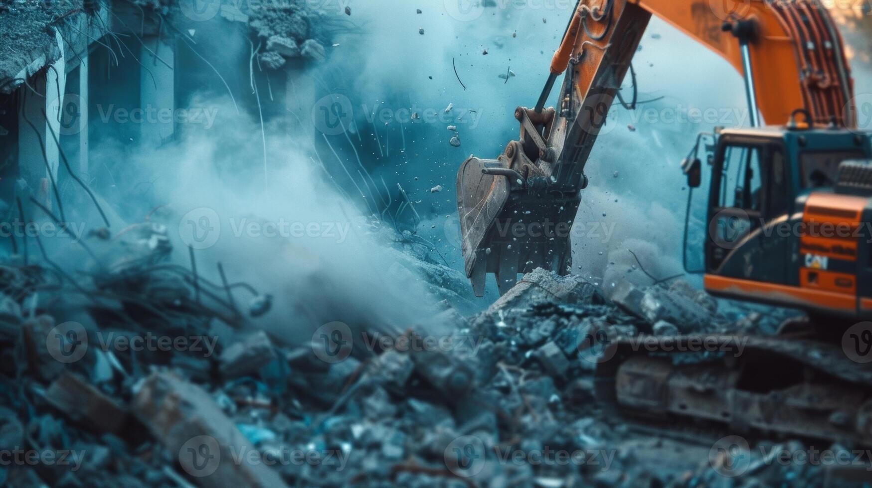 An excavator flawlessly demolishes an old building with powerful hydraulic attachments photo