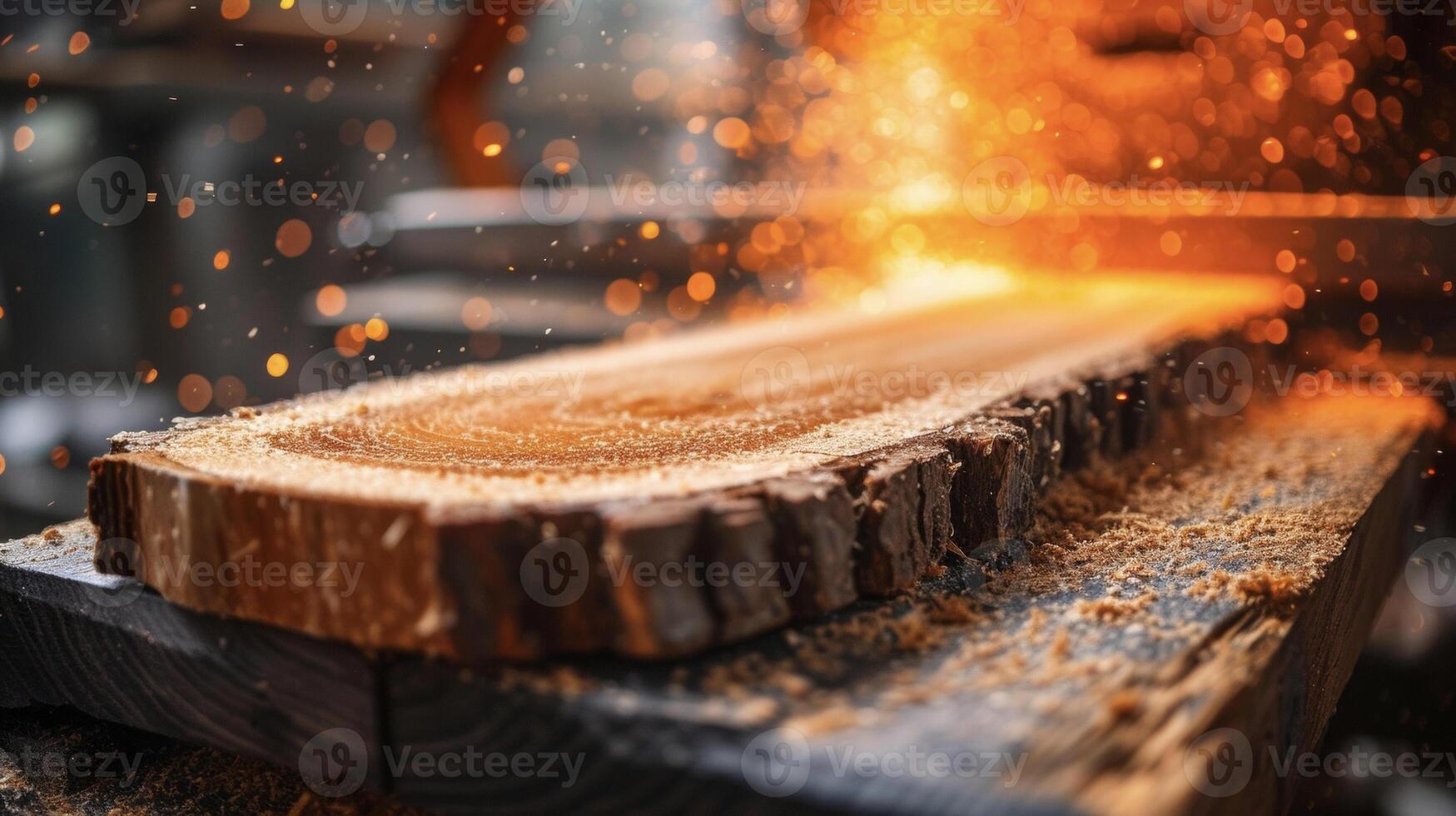 A saw blade being slowly lowered onto a piece of wood capturing the raw power and strength of this essential tool photo