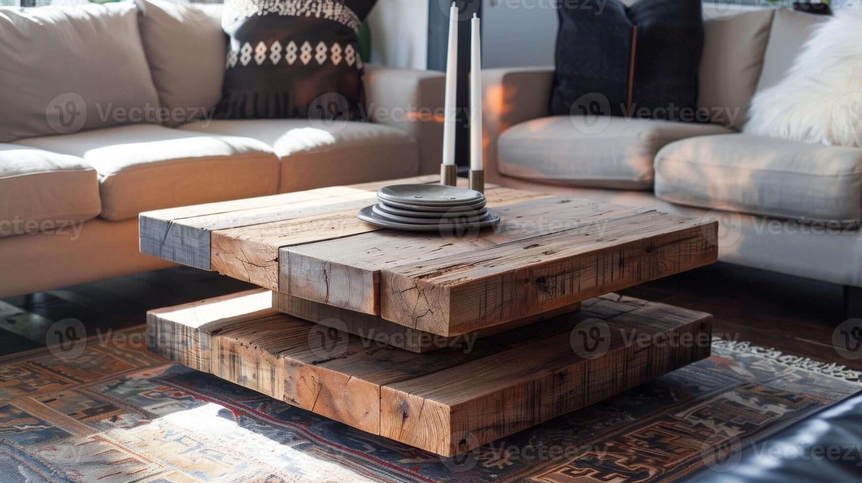 A sleek and modern coffee table made from reclaimed wood and designed to fit the unique dimensions of the living room catches the eye of every visitor photo
