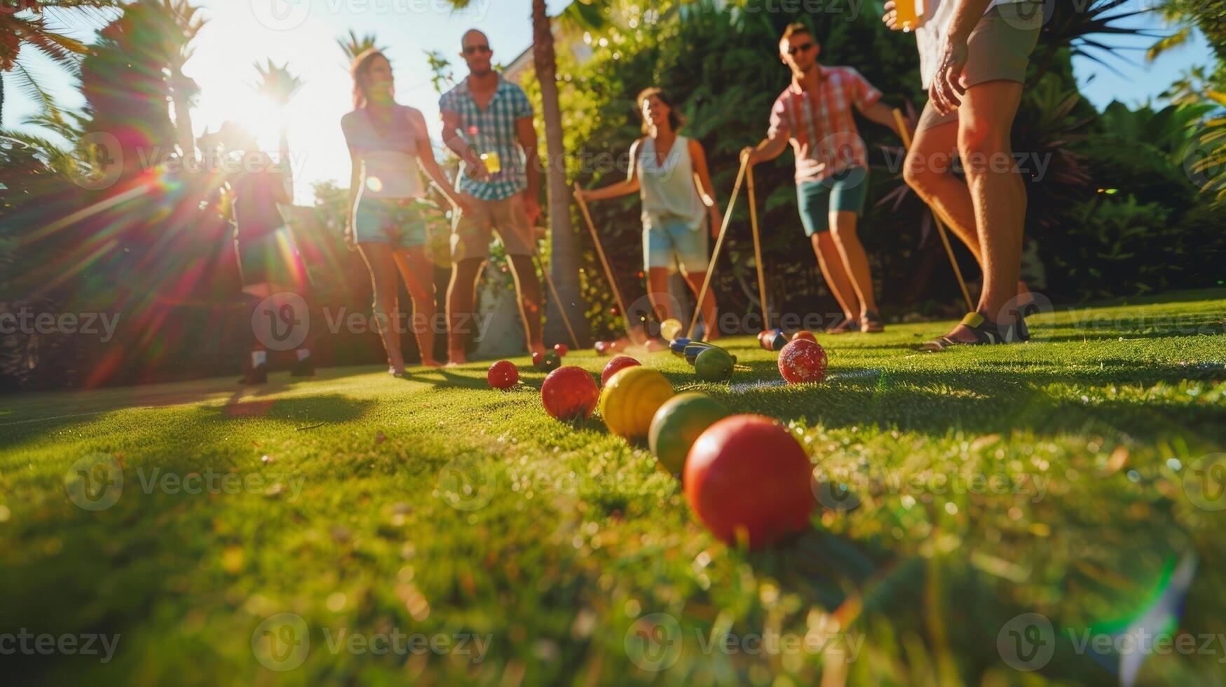 A group of friends playing a lively game of croquet on the perfectly manicured lawn glasses of mocktails in hand photo