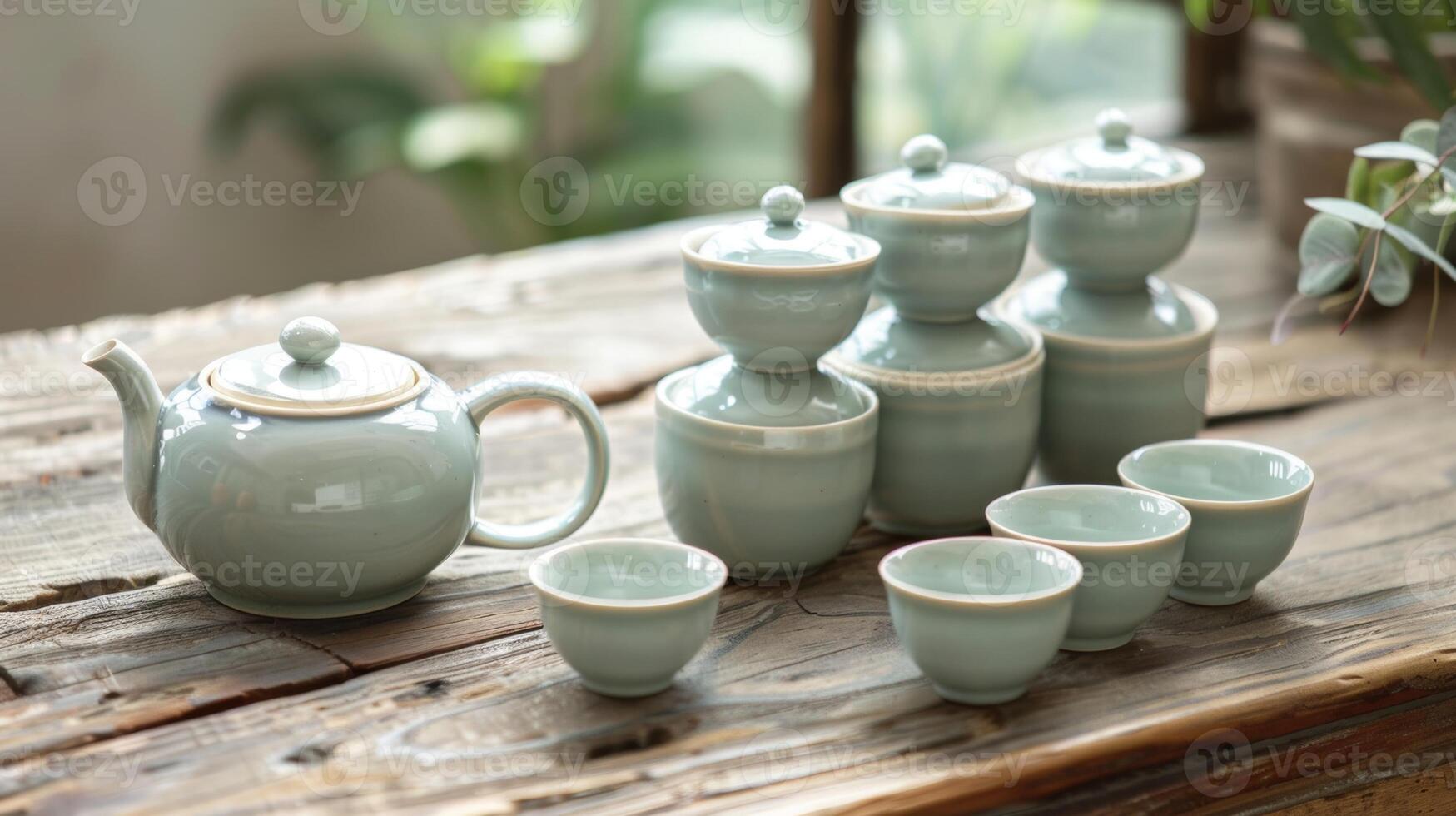 A small teapot sits next to a stack of delicate tea cups ready to be filled and shared with friends photo