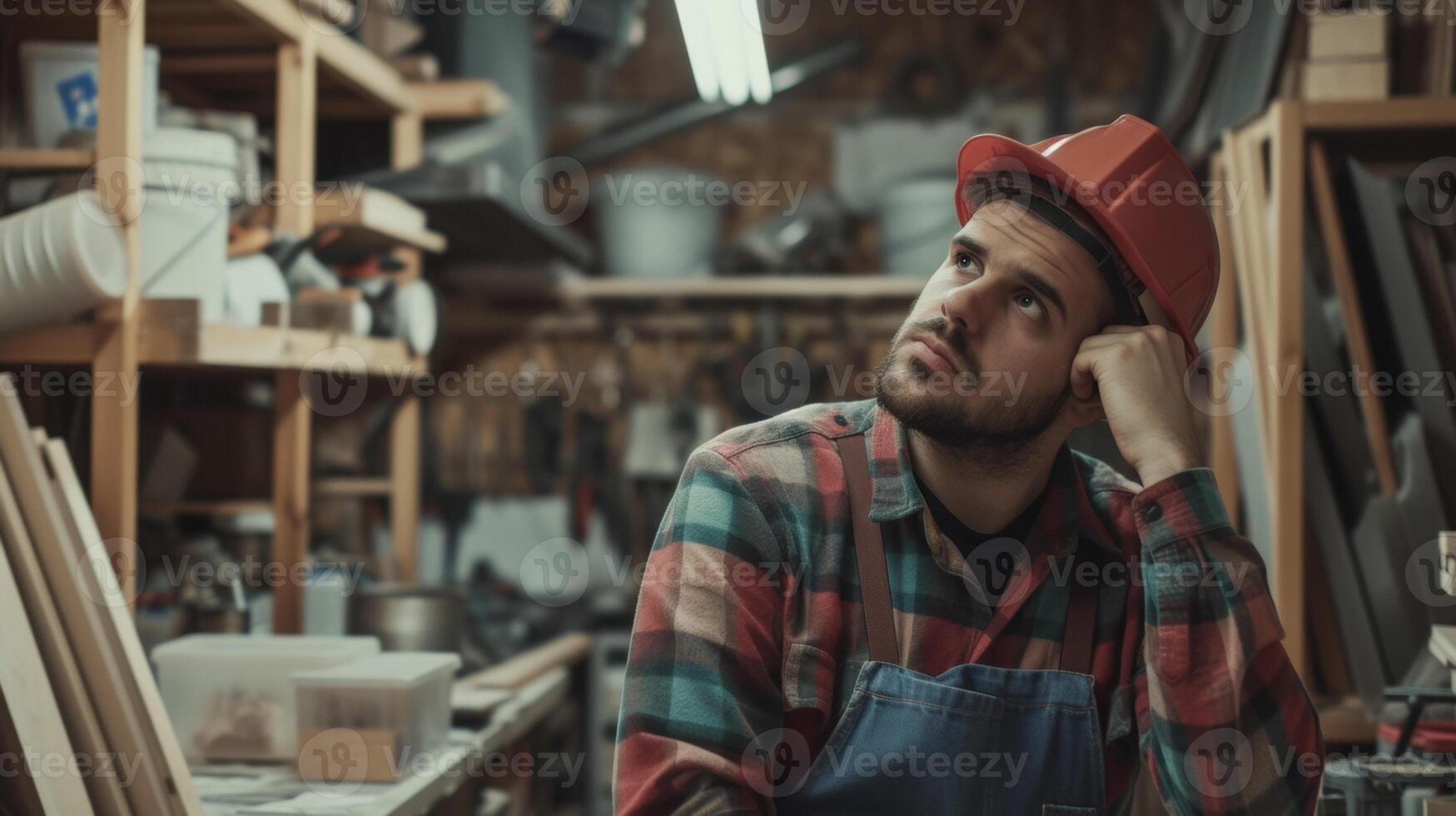 A renovator scratching their head in front of a halfbuilt bookshelf deep in thought on how to solve a tricky embly step photo