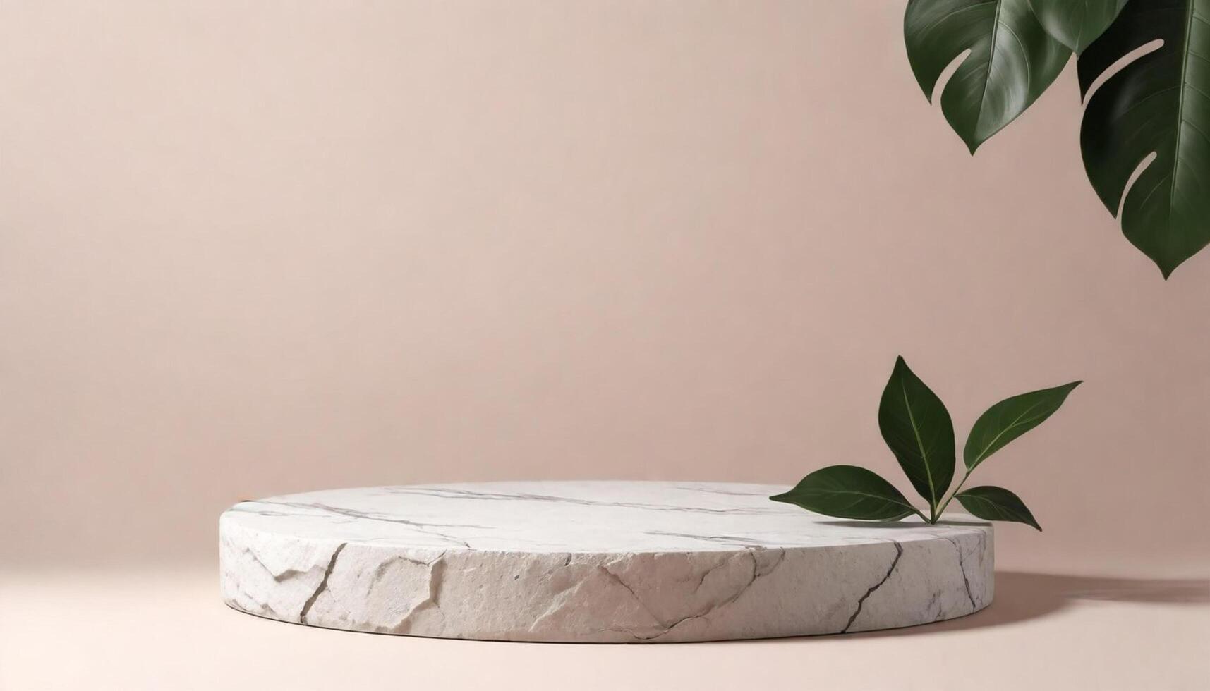 stone podium cosmetic product display platform background Minimal beauty skincare stand with plant leaves for luxury presentation backdrop photo