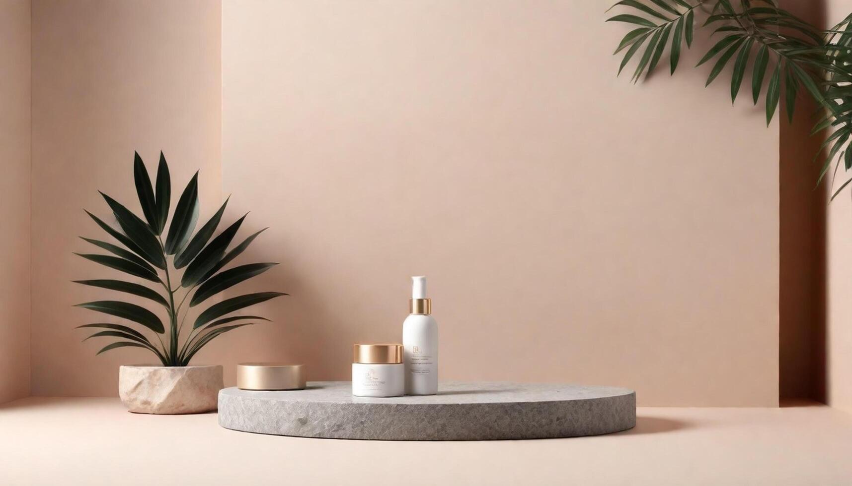 stone podium cosmetic product display platform background Minimal beauty skincare stand with plant leaves for luxury presentation backdrop photo