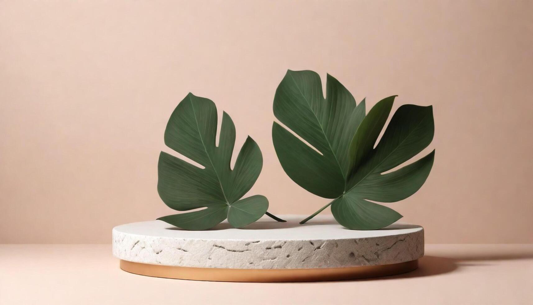stone podium cosmetic product display platform background Minimal beauty skincare stand with plant leaves for luxury presentation backdrop photo