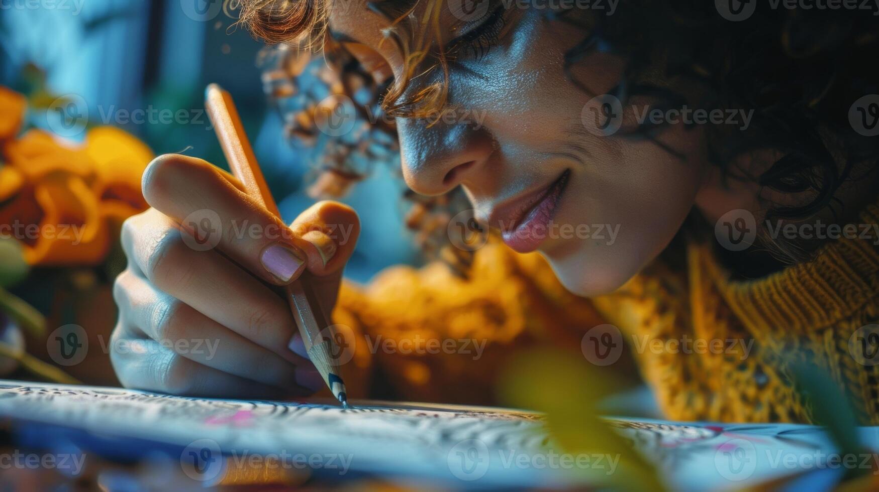 A persons relaxed and focused face as they lose themselves in the meditative process of coloring with premium supplies photo