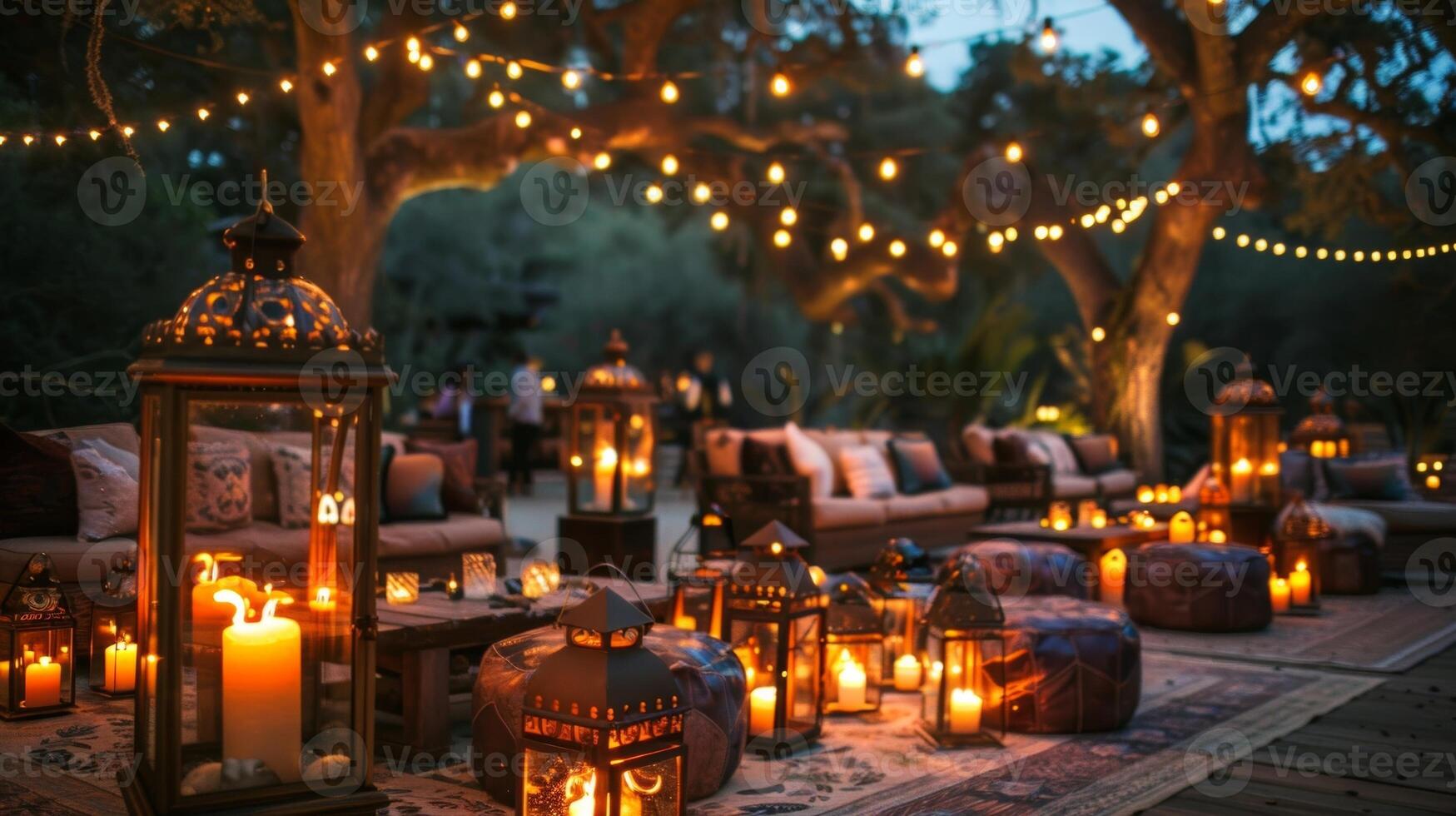 Elegant string lights le above as guests lounge on plush seating surrounded by rustic lanterns filled with dancing flames. 2d flat cartoon photo