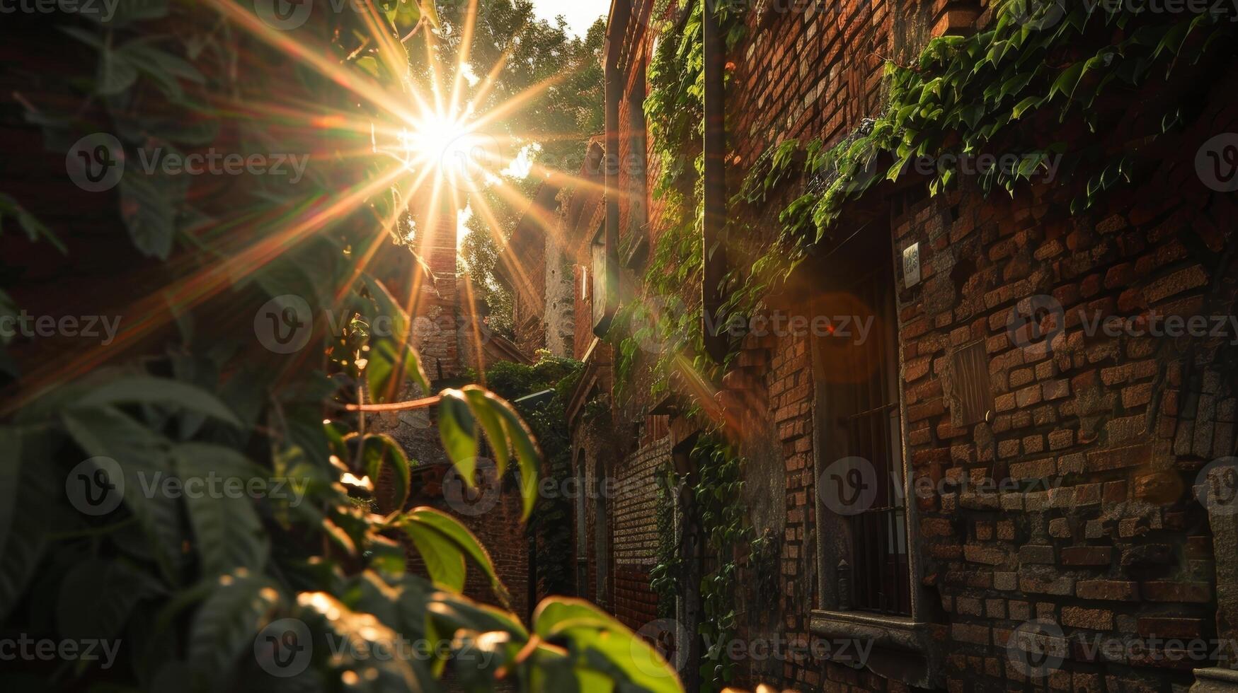 Rays of sunlight peeked through the surrounding buildings adding a touch of magic to the already enchanting scene. 2d flat cartoon photo