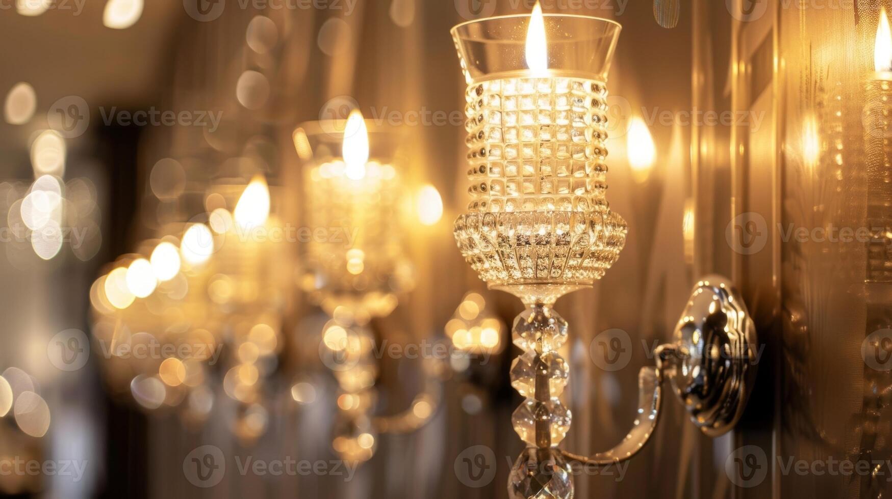 Elegant and sophisticated a series of crystal candle holders are mounted on a wall creating a gl focal point. 2d flat cartoon photo