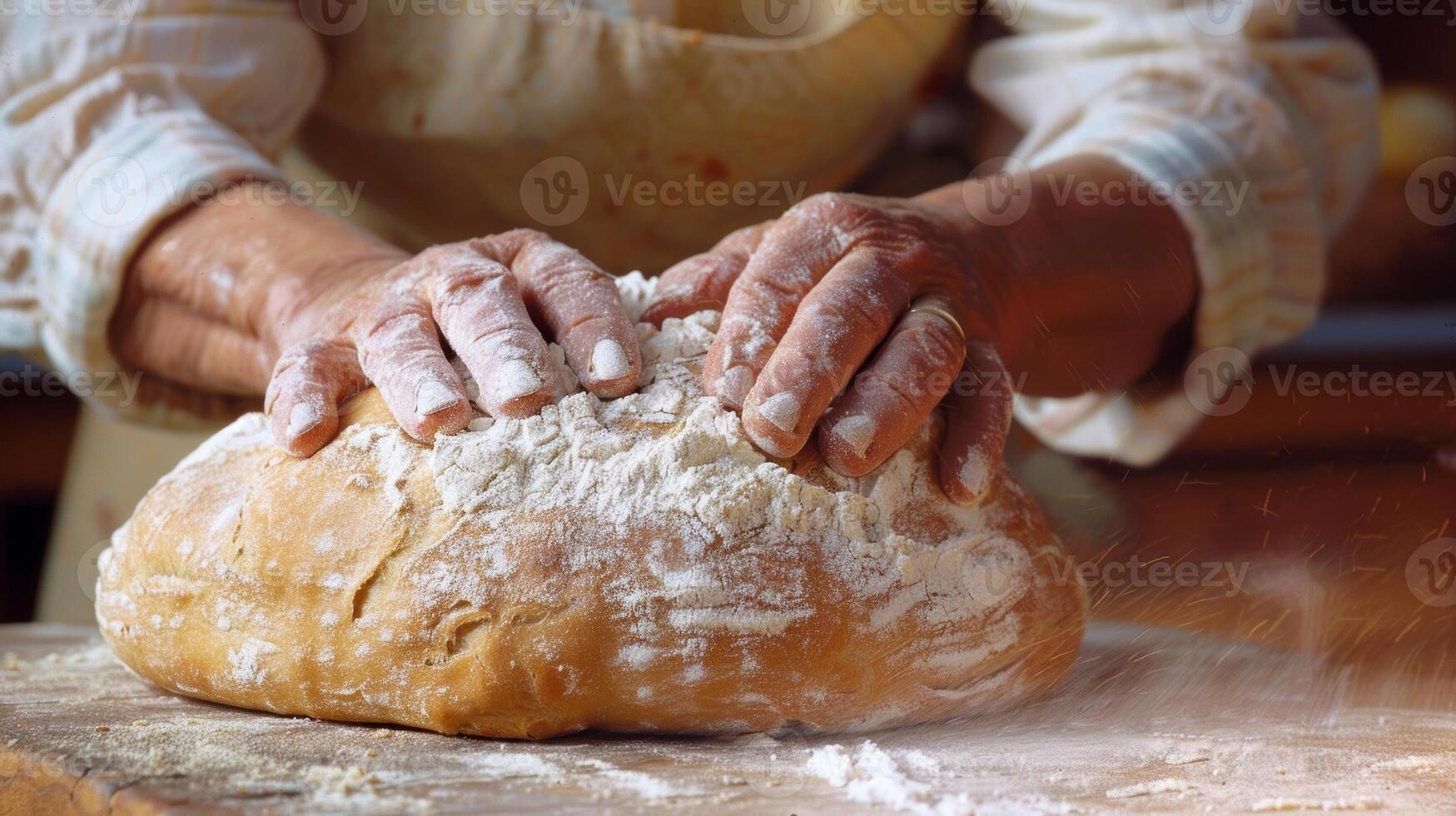 A woman carefully scoring the surface of a round loaf of bread before placing it in the oven to bake her hands covered in flour and determination on her face photo