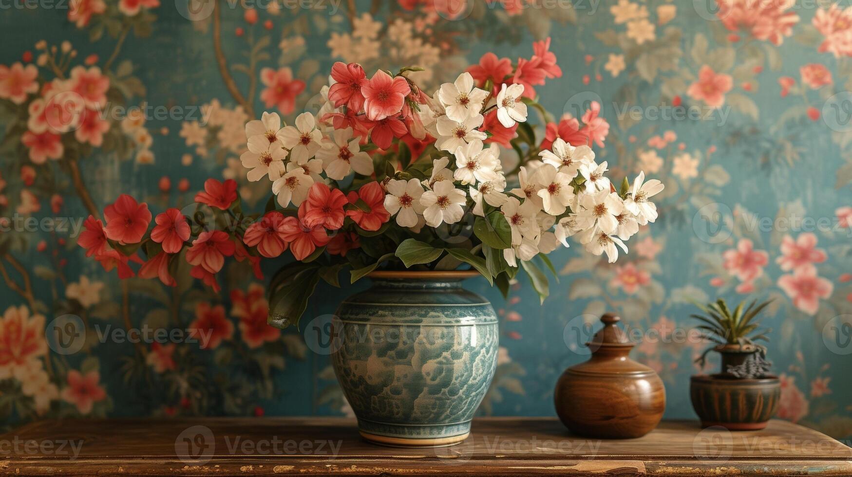 A before and after shot of a plain wall transformed with an intricate floralpatterned wallpaper photo