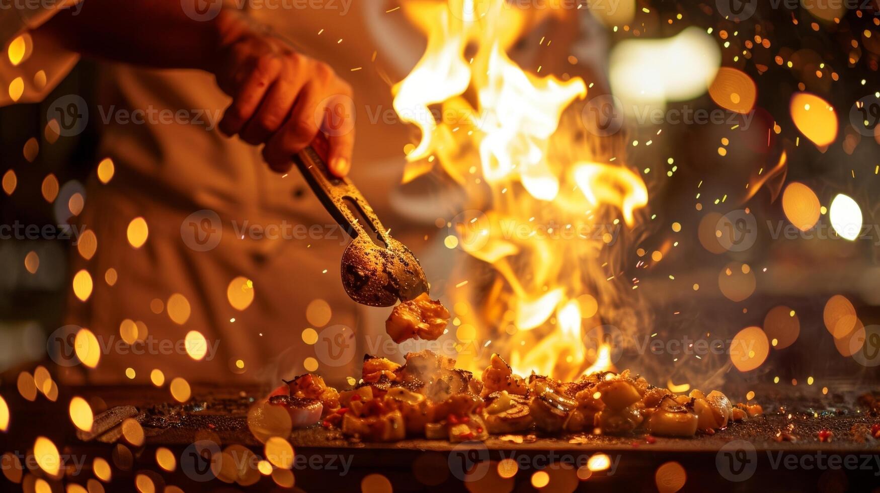 The chef skillfully flips ingredients on the grill their flames dancing in the candlelit background. 2d flat cartoon photo