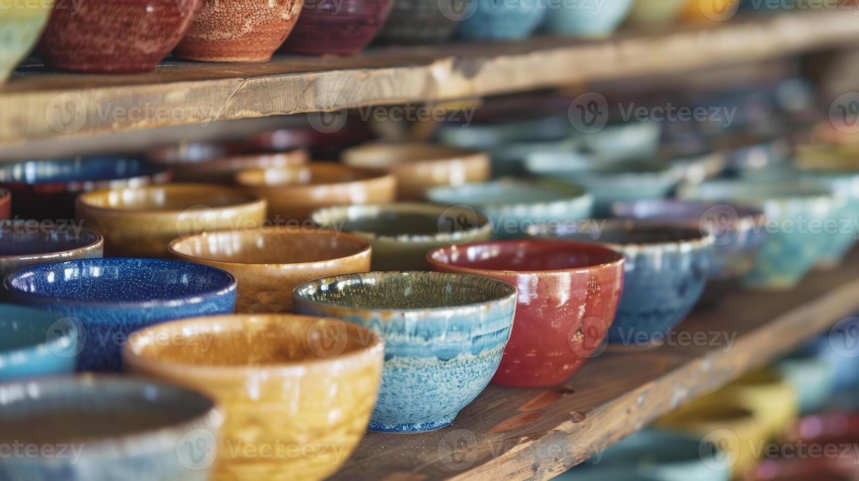 A dusty studio shelf lined with dozens of colorfully glazed ceramic bowls each with its own unique recipe. photo
