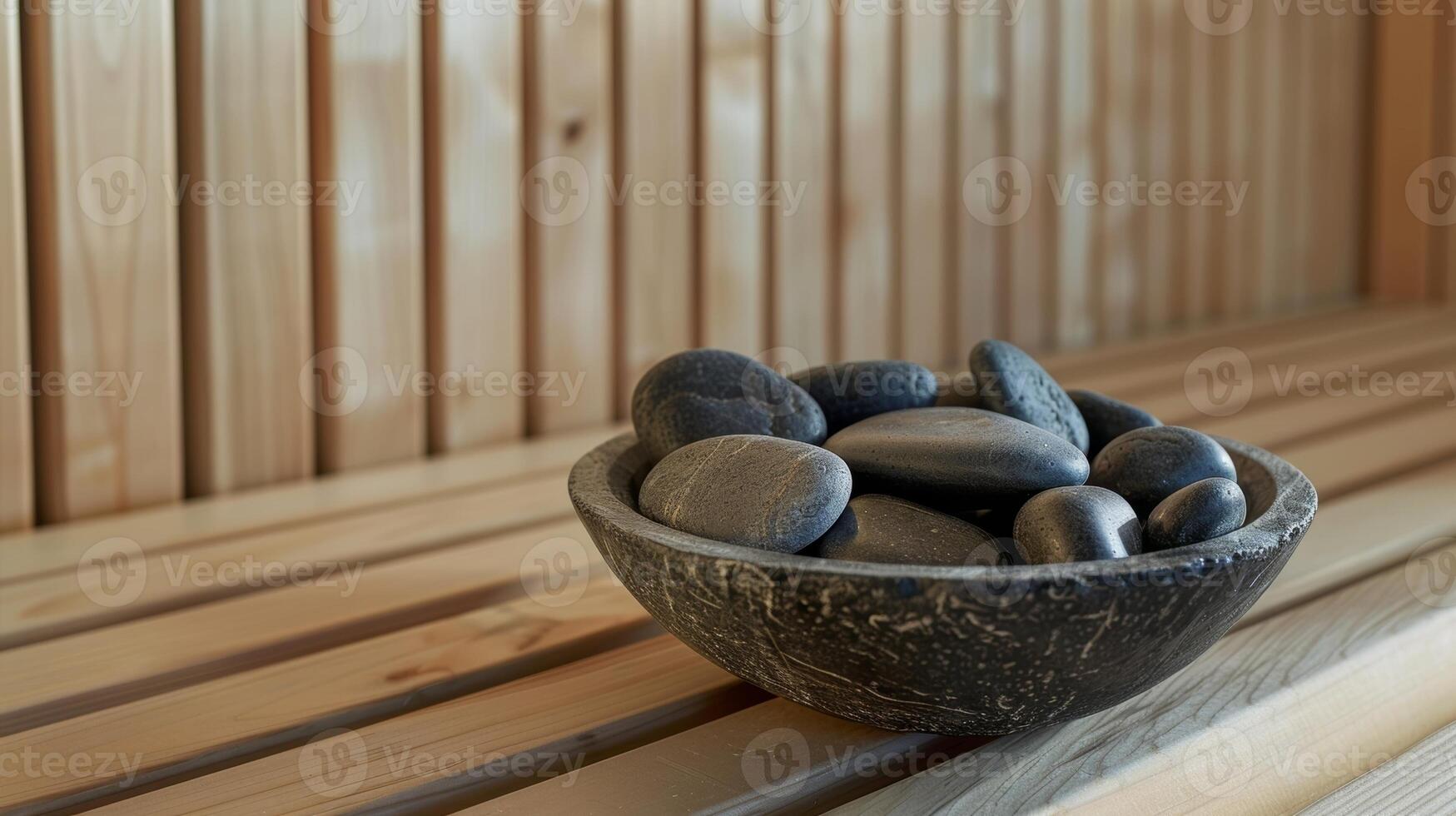 A bowl filled with smooth stones inside the sauna ready for use in a heat and cold therapy massage to release builtup tension. photo
