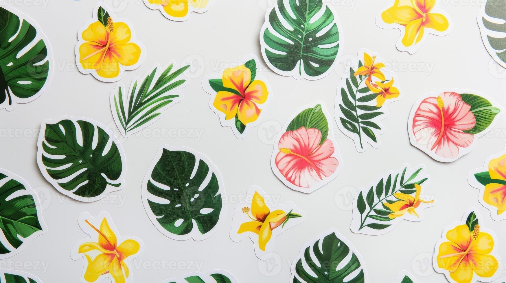 Blank mockup of tropical themed stickers. photo