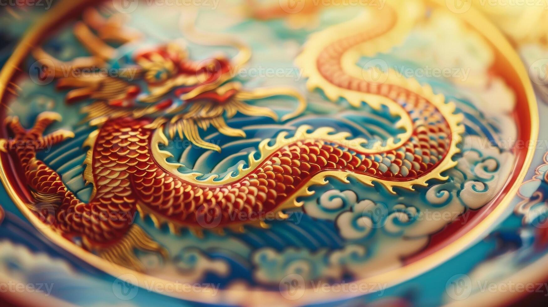 A traditional Chinese porcelain plate showcasing a mesmerizing engraved dragon design in vibrant colors. photo