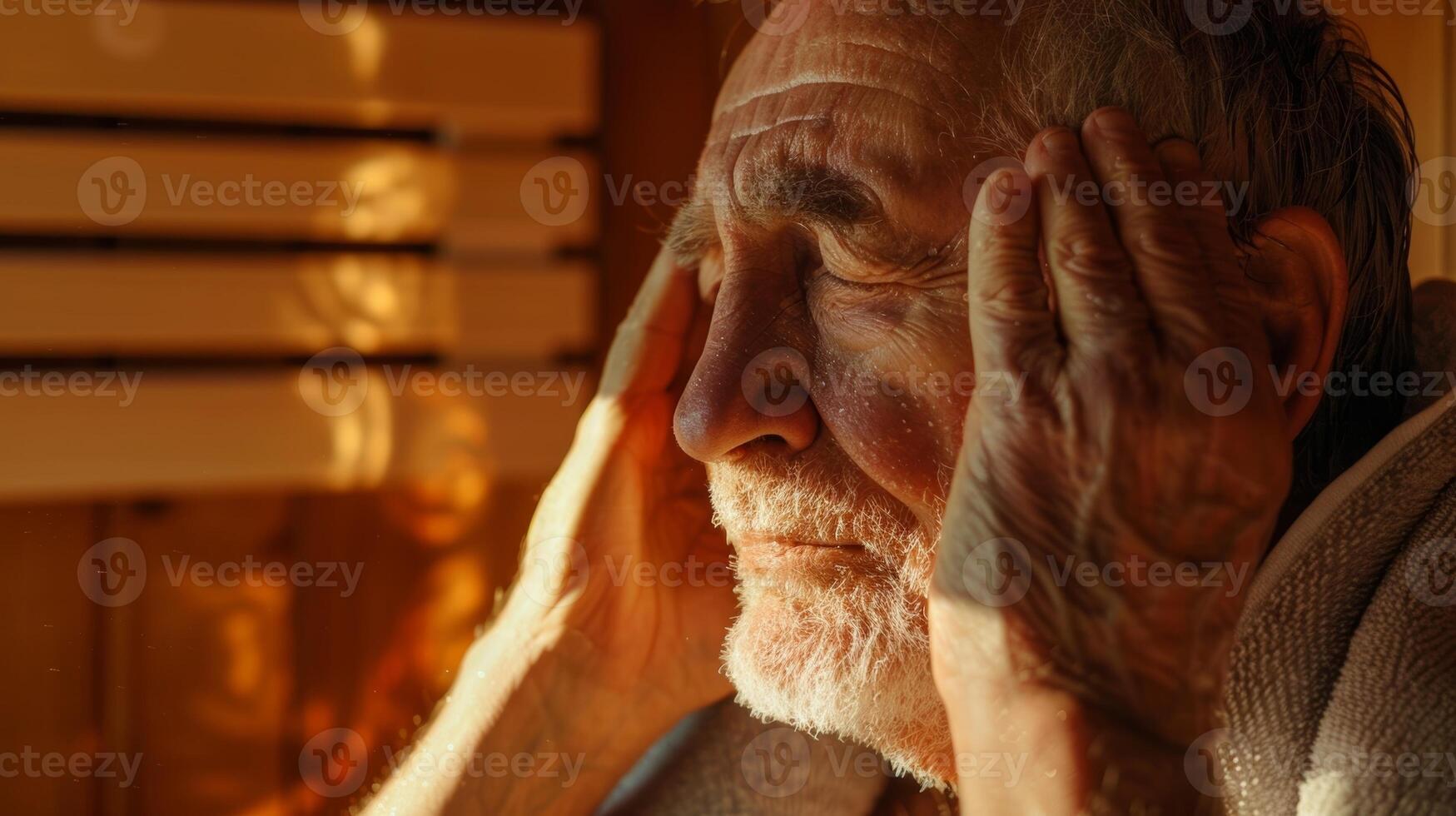 An older person using a towel to wipe away the sweat from their face while inside the sauna enjoying the detoxifying benefits of infrared heat. photo