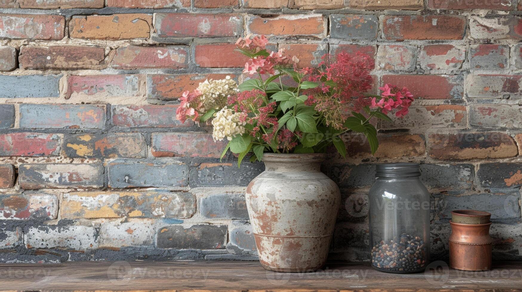 This closeup captures the rustic charm of a distressed brick wall adding a touch of vintage flair to the space photo