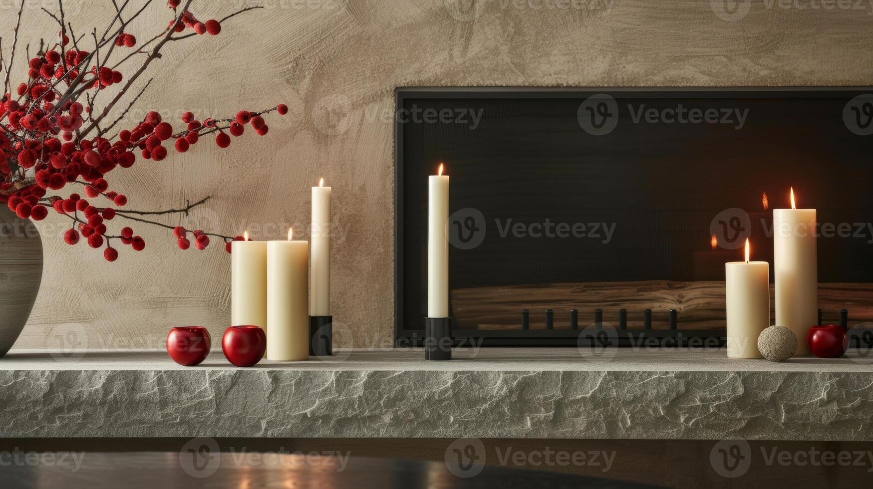 The sleek and contemporary style of a mantle with sleek taper candles creating a harmonious look. 2d flat cartoon photo