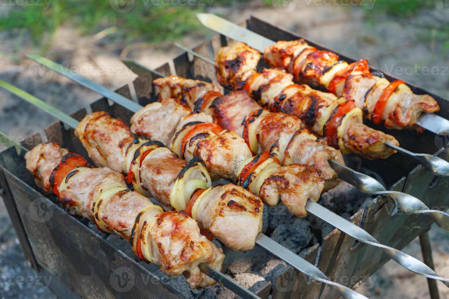 Grilled pieces of meat on skewers, shish kebab with vegetables, cooking process on brazier photo