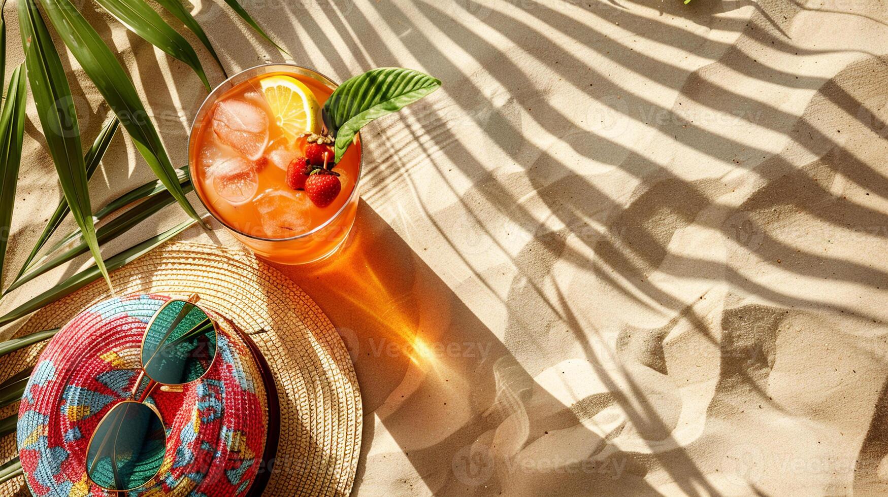 Colorful beach accessories and a cold drink on sandy beach with palm shadows. photo