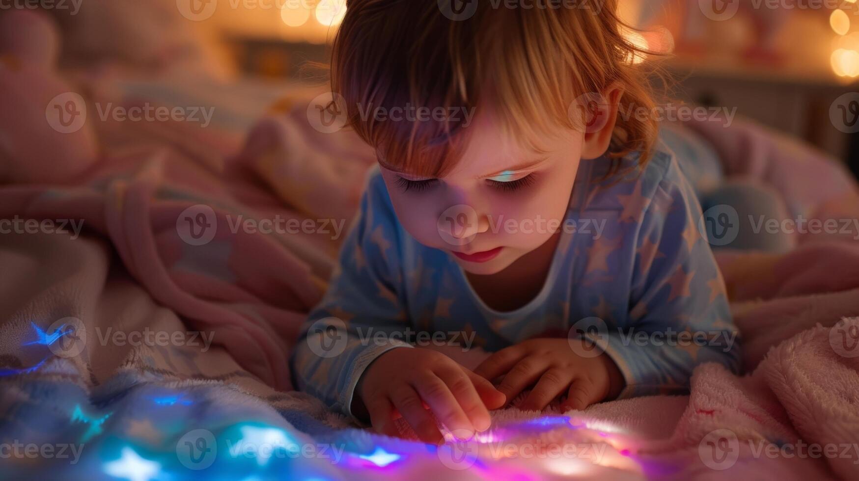 un niño jugando con un infrarrojo terapia cobija diseñado a ayuda gestionar su eczema síntomas mientras ellos dormir. foto