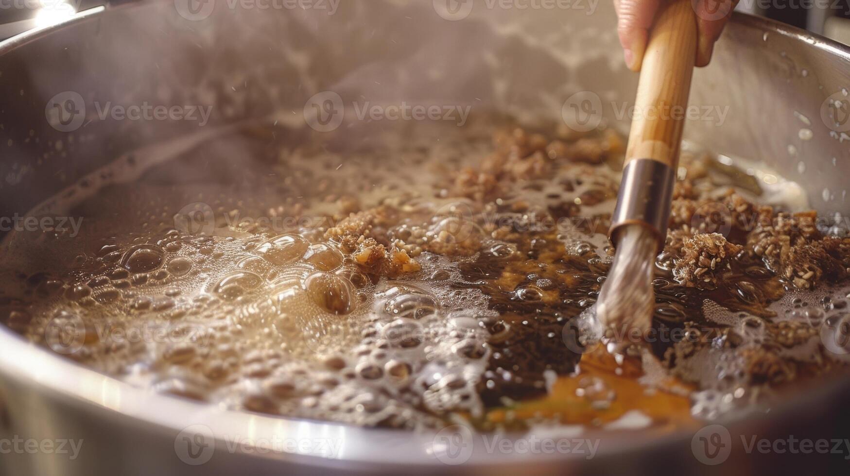 A person stirs a large pot filled with boiling water hops and grains as they begin the first step of brewing a nonalcoholic IPA photo