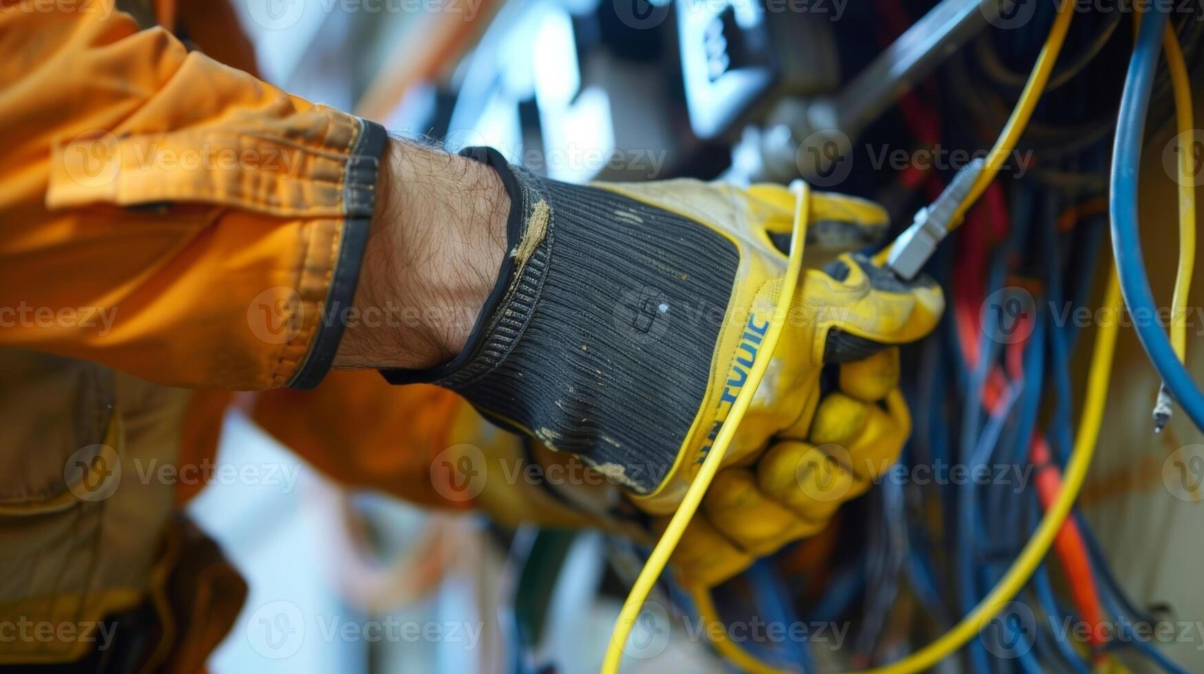 The busy scene of an electrical contractor crew installing wires in a large commercial building with tools and equipment tered around them photo