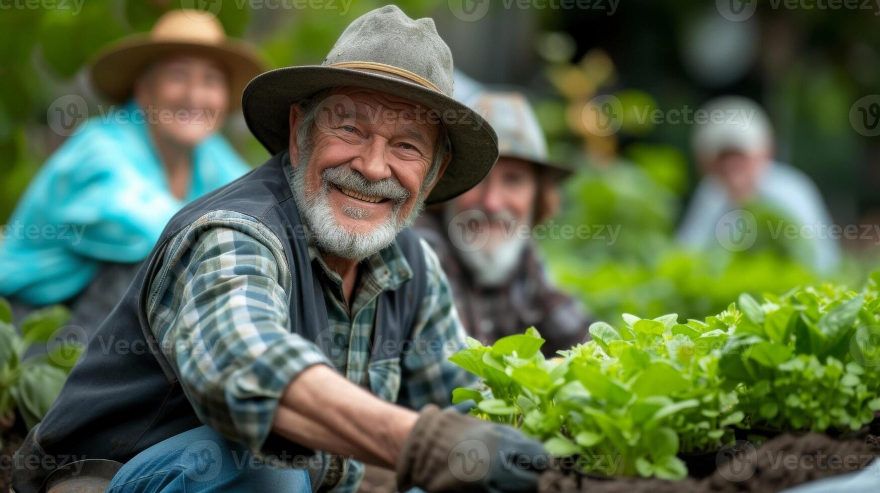 un equipo de jubilados trabajo juntos a construir un nuevo invernadero en el comunidad jardín emocionado a ampliar su creciente temporada y tratar nuevo plantas foto