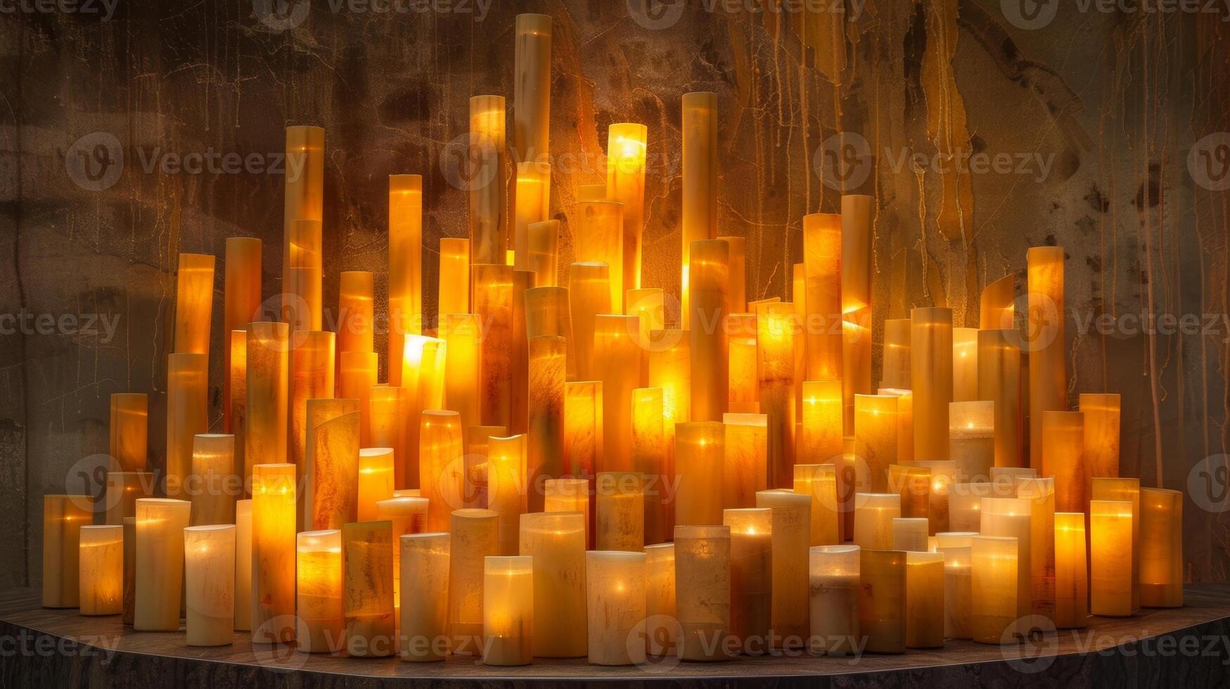 A mesmerizing display of glowing candles each one positioned perfectly to create a harmonious and visually stunning composition. 2d flat cartoon photo